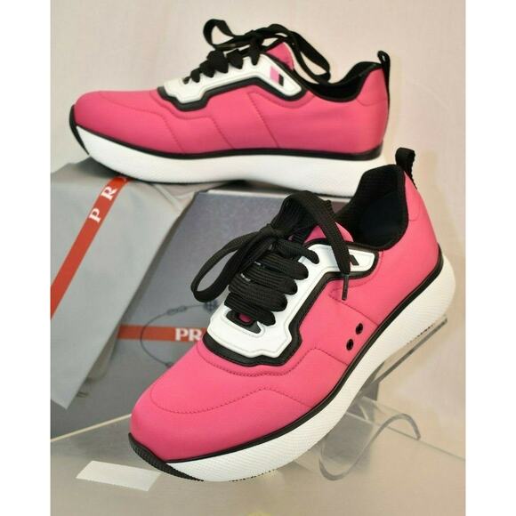 NIB PRADA 3E6321 WOMEN PINK NYLON LACE UP LOGO LOW TOP PLATFORM SNEAKERS 40 - Picture 2 of 12